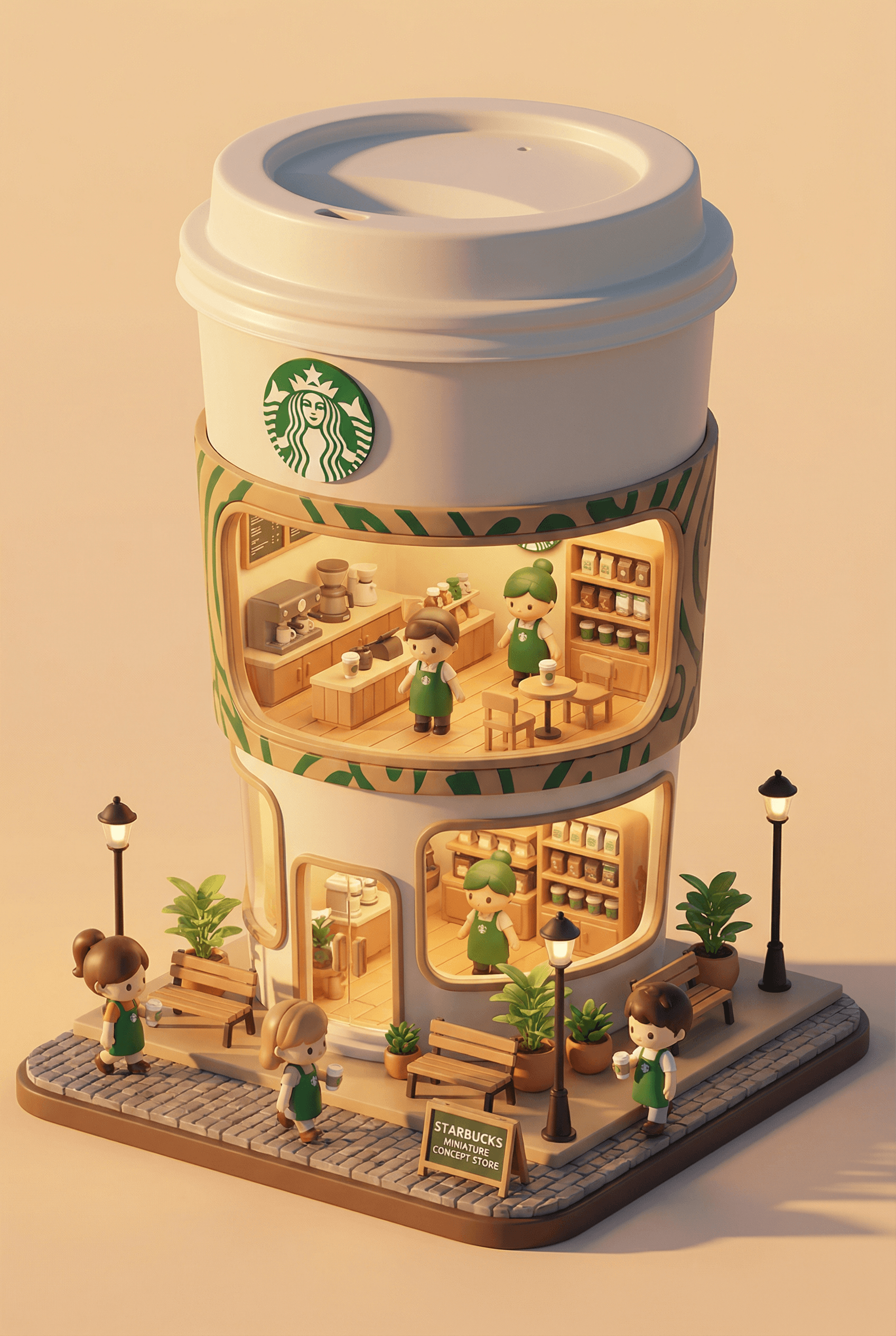 3D chibi-style miniature concept store of {Brand N